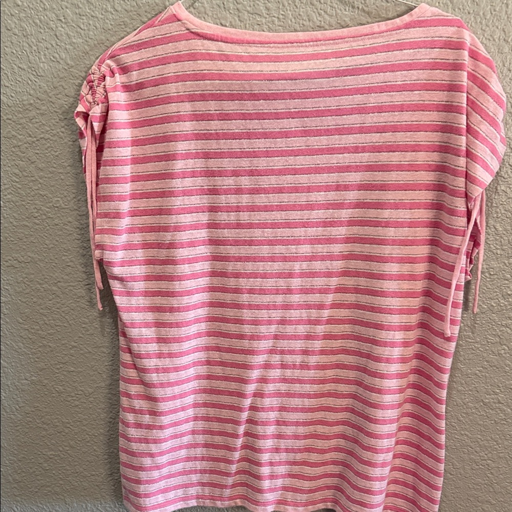 Talbots Pink Striped Short Sleeve Tie-Sleeve Top Linen XL - Picture 4 of 6